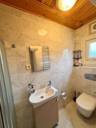 a bathroom with a white sink and a toilet at Charming Anatolian House in Çengelköy in Istanbul