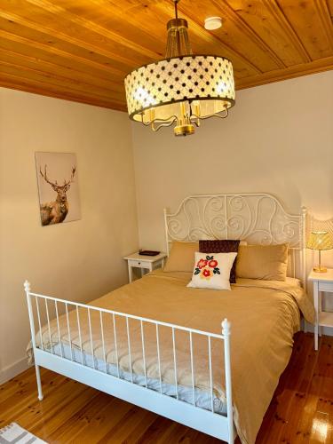 a bedroom with a bed and a chandelier at Charming Anatolian House in Çengelköy in Istanbul