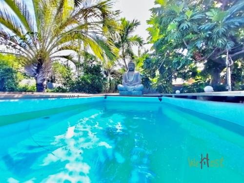 un bouddha assis dans une piscine avec une piscine dans l'établissement Villa Iemanjá - St Gilles les bains, à La Celle-sous-Gouzon