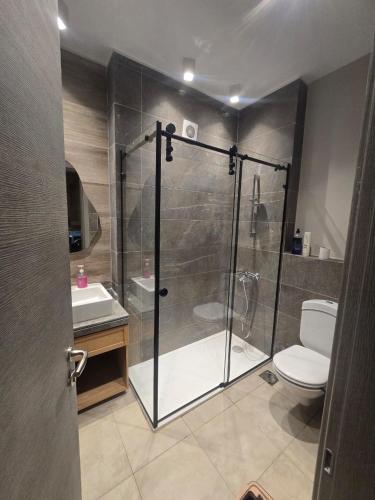 a bathroom with a shower with a toilet and a sink at Luxury Chalet Il Monte Galala in Ain Sokhna