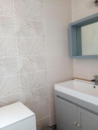 une salle de bain avec un lavabo blanc et un miroir dans l'établissement Le clos joli, à Argelès-sur-Mer