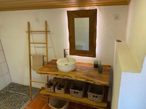 a bathroom with a sink and a mirror on a shelf at Casa Antiga da Corte Salva in Santa Margarida da Serra