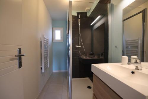 une salle de bain avec un lavabo et une douche avec un miroir dans l'établissement Superbe Villa climatisée, piscine, jardin, parking, au Plan-de-la-Tour