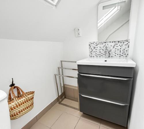 une salle de bain avec un lavabo et un miroir dans l'établissement Douillet studio avec Wi-Fi, proche Transports, à Tours