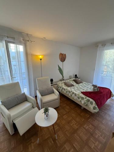 ein Schlafzimmer mit einem Bett, einer Couch und einem Tisch in der Unterkunft Studio tout équipé face aux thermes in Amélie-les-Bains-Palalda