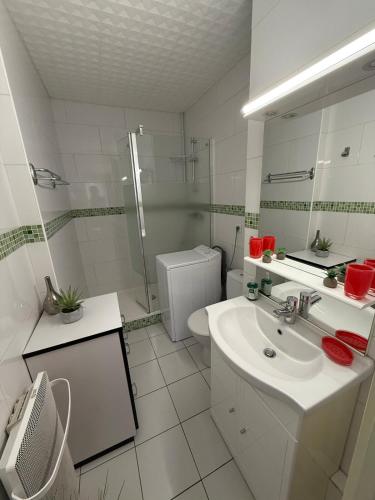 ein weißes Badezimmer mit Waschbecken und Dusche in der Unterkunft Studio tout équipé face aux thermes in Amélie-les-Bains-Palalda