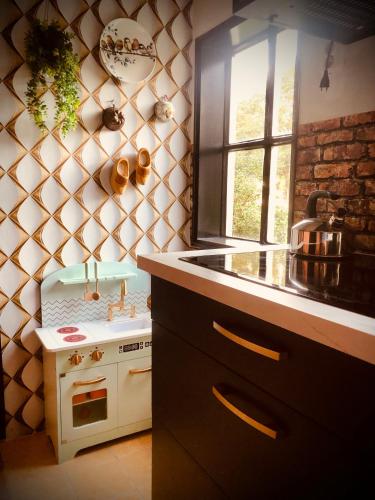 a kitchen with a sink and a stove and a window at Retraitre bij de brug in Zuidveld