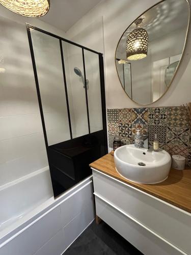 une salle de bain avec un lavabo et un miroir dans l'établissement Le Vinci F2 cosy et jardin, à Lattes