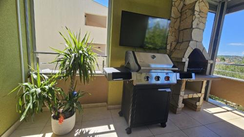 a grill in a room with a balcony with plants at Apartment Oliver in Soline
