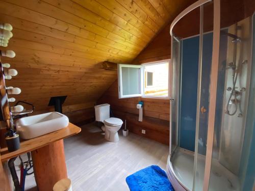 une salle de bain avec une douche, un lavabo et des toilettes dans l'établissement Landscape chalet, à Saint-Christophe