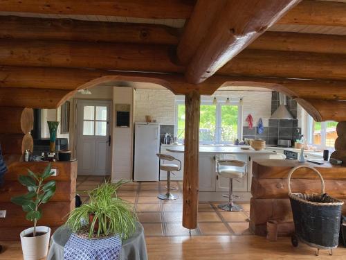 Il comprend une cuisine dotée de plafonds en bois et d'un réfrigérateur. dans l'établissement Landscape chalet, à Saint-Christophe
