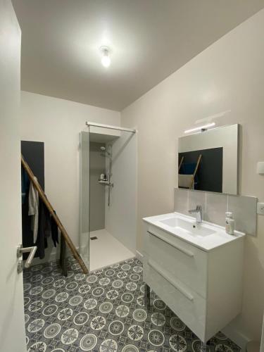 une salle de bain avec un lavabo et une douche dans l'établissement Appartement T2 renové en 2023, à Lannion