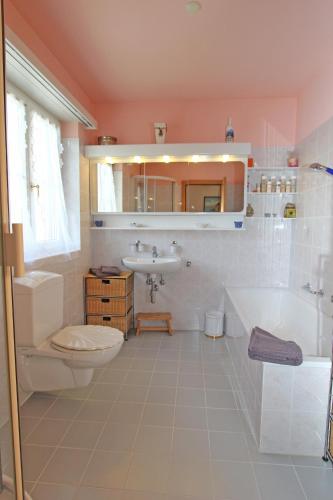 a bathroom with a tub and a toilet and a sink at Casa Rododendro by HolAp SA in Ascona