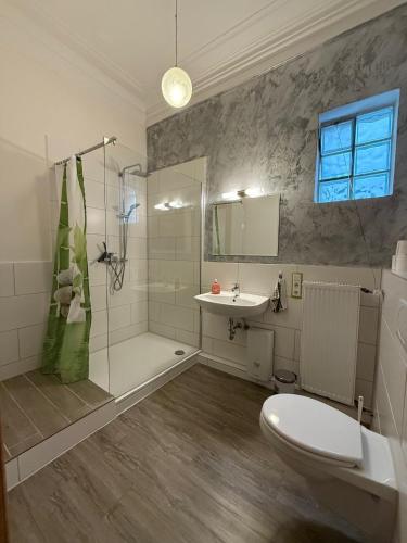 a bathroom with a shower and a toilet and a sink at Gästezimmer am Hansaplatz in Hamburg