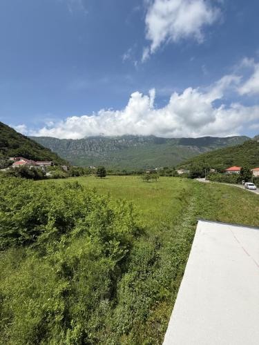 a field of grass with mountains in the background at Waves & Peaks Apartment in Zelenika