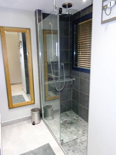 une douche avec une porte vitrée dans une salle de bain dans l'établissement Appartement CAP FACTORY Héliopolis K1 - Luxe 2 personnes, au Cap d'Agde