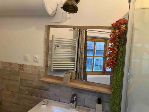 La salle de bains est pourvue d'un miroir, d'un lavabo et d'une fenêtre. dans l'établissement La petite maison du gardien, à Avignon