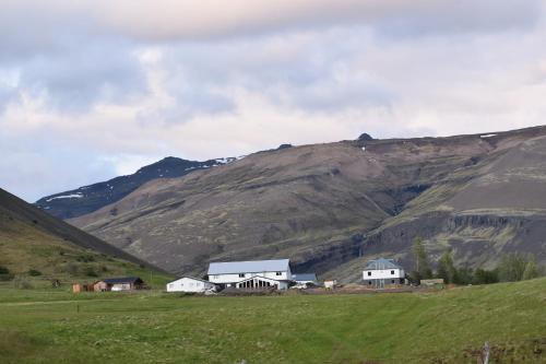 a house in a field in front of a mountain at Glacier World - Hoffell Guesthouse in Hoffell