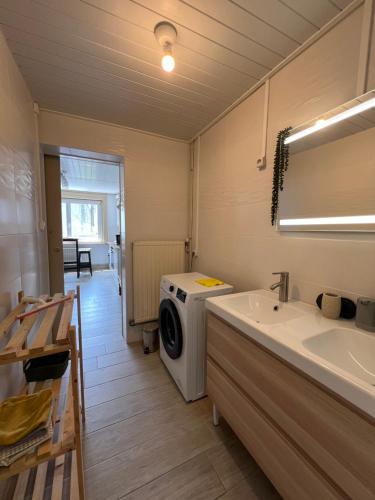 une salle de bain avec une machine à laver et un lavabo dans l'établissement Good Vibes - Esprit surf, Boulogne Sur Mer, à proximité de la Plage et Nausicaa, à Boulogne-sur-Mer