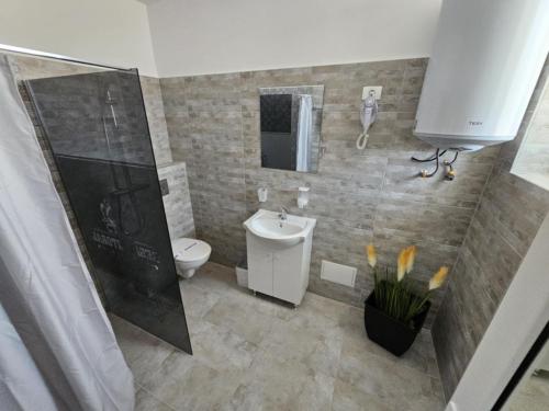a bathroom with a toilet and a shower and a sink at LA PLAYA - Camere pe plaja cu sezlong gratuit in Eforie Nord