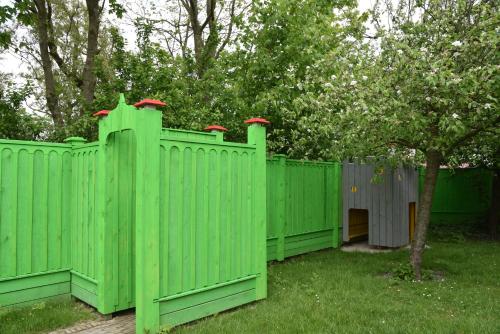 a green fence in a yard with a tree at Countryside Eco Natuurhuisjes in Ee