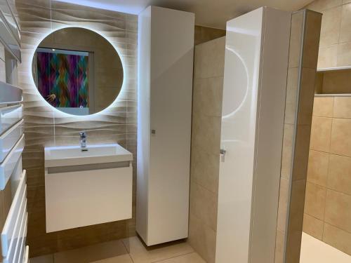 une salle de bain avec un lavabo et un miroir dans l'établissement bienvenue au pays basque, à Ustaritz