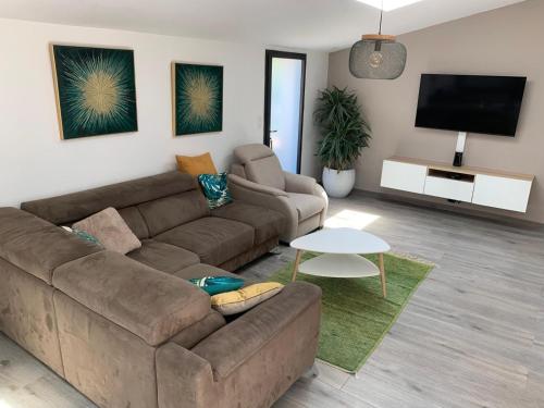 un salon avec un canapé et une télévision dans l'établissement bienvenue au pays basque, à Ustaritz