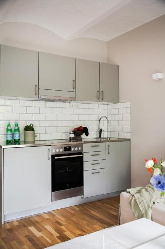 a kitchen with white cabinets and a black oven at Mörrum River Residences in Mörrum
