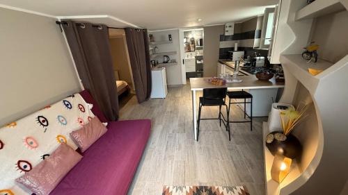 un petit salon avec un canapé et une cuisine dans l'établissement escapade, à La Celle-sous-Gouzon