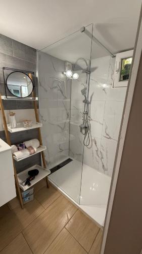 une douche avec une porte vitrée dans une salle de bain dans l'établissement escapade, à La Celle-sous-Gouzon