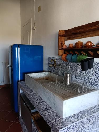 a kitchen with a sink and a blue refrigerator at Agriturismo Fattoria Alessandrini in Principina Terra
