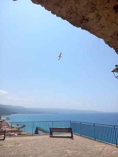 two benches sitting on a balcony looking at the water at Palazzo Sardanelli in Pizzo