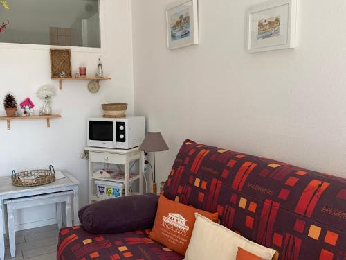- un salon avec un canapé et un four micro-ondes dans l'établissement Studio cosy à 300 m de la plage 1 à 4 pers, à La Celle-sous-Gouzon