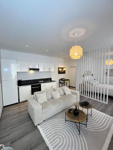 un salon avec un canapé blanc et une cuisine dans l'établissement Loft au cœur de Tarare, à La Celle-sous-Gouzon