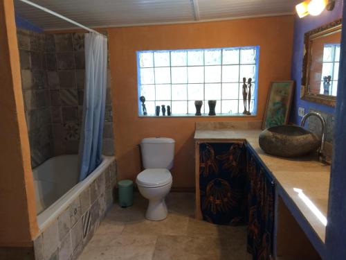 une salle de bain avec toilettes, baignoire et lavabo dans l'établissement Maison en pleine nature, à Aniane