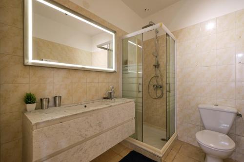 une salle de bain avec une douche, des toilettes et un lavabo dans l'établissement Sunny Pearl - Spacieux Appartement Climatisé au Centre ville, à Narbonne