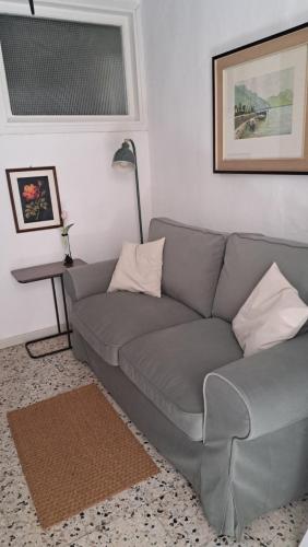 a living room with a gray couch and a table at Antonio's home in Colonno