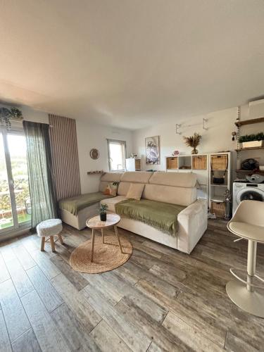 un salon avec un canapé et une table dans l'établissement Charmant studio - parking & clim - plage, à Vallauris