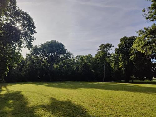 a large grass field with trees in the background at Les communs du Château du Sollier - Charme Calme Confort Climatisation à 5mn du péage in Bourges