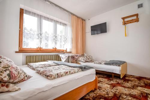 a bedroom with two beds and a tv on the wall at U Lańdy in Poronin