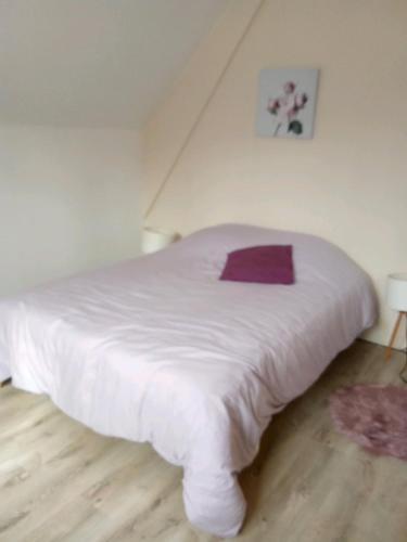 - une chambre avec un lit blanc et un oreiller violet dans l'établissement Maison Sologne, à Lassay-sur-Croisne