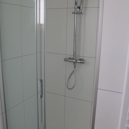 a shower with a glass door with a shower coil at Resort Rhederlaagse Meren in Lathum