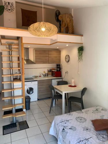 małą kuchnię ze stołem i krzesłami w pokoju w obiekcie Duplex Raphael- Wi-fi et parking privé w mieście Tulon