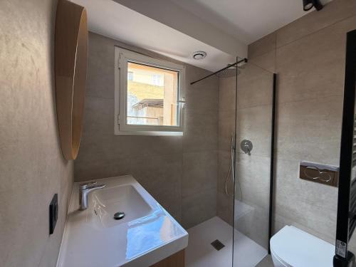 une salle de bain avec un lavabo et une douche dans l'établissement Monaco, à Beausoleil