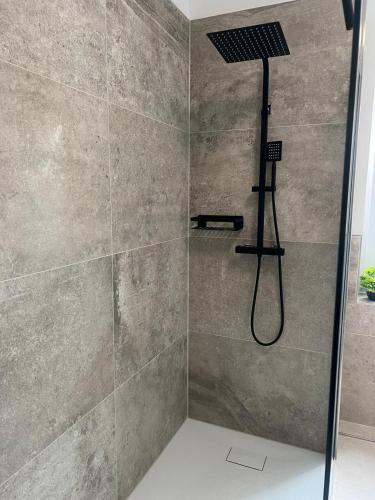 a shower with a shower head in a bathroom at Pension Leipzig Ost in Borsdorf