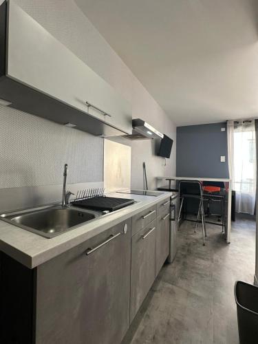 une cuisine avec un évier et un plan de travail dans l'établissement Refuge du Dolaizon, au Puy-en-Velay