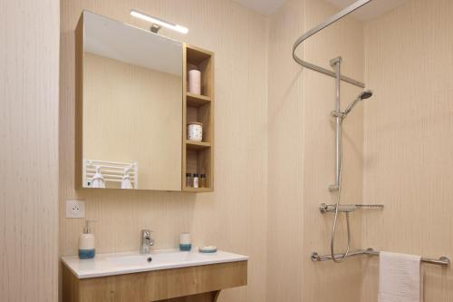 a bathroom with a sink and a mirror and a shower at Zenitude Hôtel-Résidences Le Havre Les Docks in Le Havre