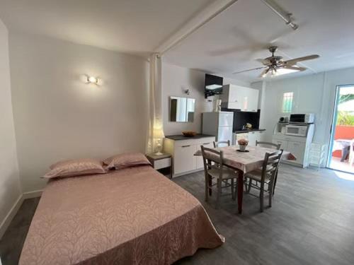 une chambre avec un lit et une table et une cuisine dans l'établissement MORIANI PLAGE Studio climatisé 4 pers B2, à Moriani-Plage
