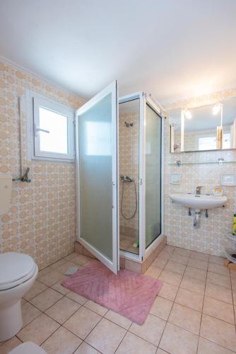 a bathroom with a shower and a toilet and a sink at VORINI'S HOUSE, Exampela,Sifnos in Katavatí