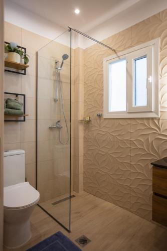 a bathroom with a shower with a toilet and a window at Casa Lino in Corfu